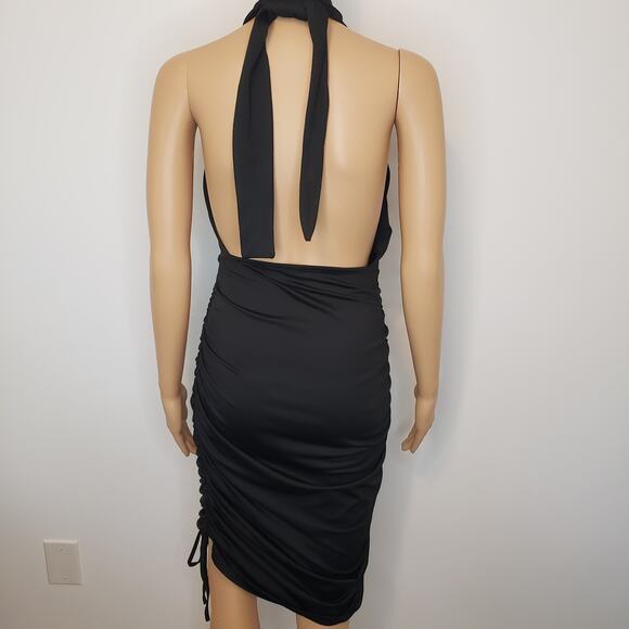 Munya5add New Blush Mark Ruched Midi Dress Black Halter‎ Tie Back Criss Cross L - Picture 11 of 12
